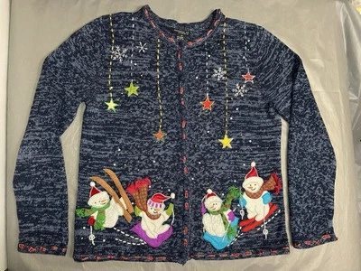 Рождество женщин Sz M праздник праздничный кардиган свитер 3D снеговик бисером акценты - Изображение 1 из 4