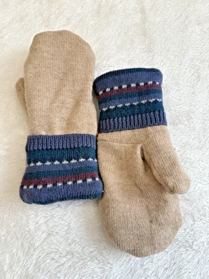 Mitones de suéter de lana hechos a mano a rayas tostadas forrados a mano cosidos reciclados Foto 1 de 4