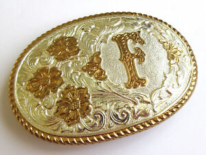 Vintage Crumrine Large Belt Buckle Engraved  Initial F Flowers Gold & Silvertone