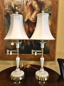Lenox Quoizel Lamp(s) Pair/2 Swing-arm Table Lamps 28"  Original Silk Shades VTG