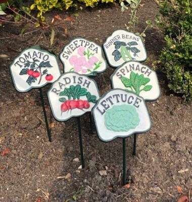Salad Vegetable Signs Cast Iron Hand Painted Set of 6 Markers Tags Gardening