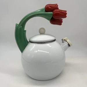 Ancona Kettle 3 Red Tulips Enamel Vintage Teapot - Missing Hummingbird - Picture 1 of 11