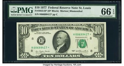 1977 $10 Federal Reserve Note, St. Louis, STAR, Fr.2023*, PMG 66 EPQ, Super Nice - Image 1 of 2
