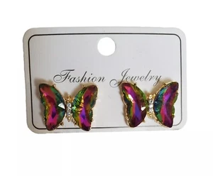 Butterfly Earrings Multi-Color Gold Tone Rhinestone Body NEW - Picture 1 of 9