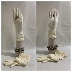 San Paula Vintage 1950s Nylon Simplex Gathered Ivory 11” Evening Gloves Size 6.5 - Picture 1 of 12