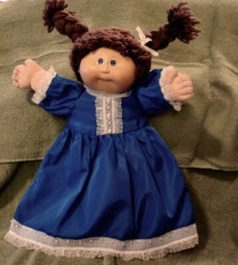 Vintage Doll Dress Artisan Handmade Blue Silk Satin Lace 1970-1980 (D) - Picture 1 of 12