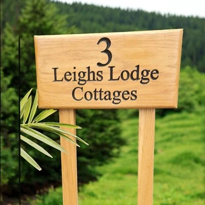 Personalised Custom Oak House Sign,Outdoor Wooden Name Plaque 150x450mm 2 stakes - Image 1 of 4