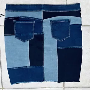 Coco + Carmen OMG O-Mazing Patchwork Denim Skirt Blue Distressed Stretch XL NWOT - Picture 1 of 13