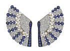 Rich Blue Sapphire, Sparkling Lab-Created Diamonds & Pearls Art Deco Fan Earring