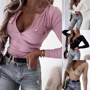 Womens Sexy Zipper V Neck Tops Ladies Winter Slim Fit Long Sleeve Blouse T-Shirt - Picture 1 of 18