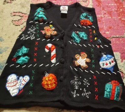 Chaleco Cascanueces De Colección Negro Mujer L Cuentas Lentejuelas Navidad Tejido Pan de Jengibre Foto 1 de 3