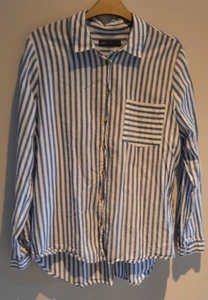 Womens M&S Uk 14 Stripe Long Sleeve shirt Blouse 100% cotton on trend - Picture 1 of 9