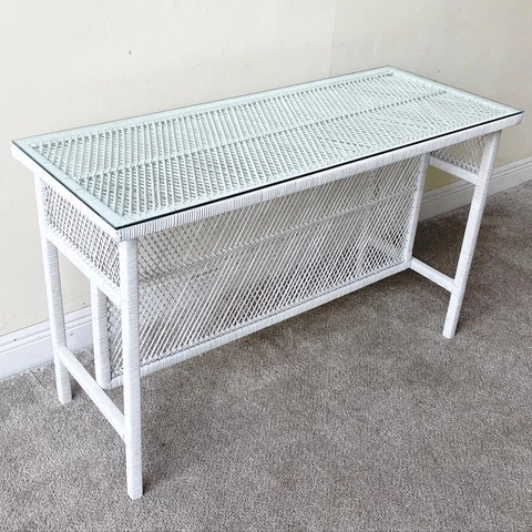 Boho Chic White Rattan Console Table With Glass Top Cover