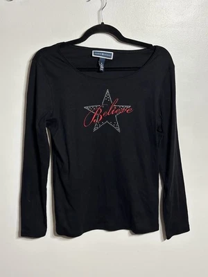 Karen Scott Xmas Shirt “Believe” Sequin Star Long Sleeve Black Silver Red Size M - Image 1 of 4