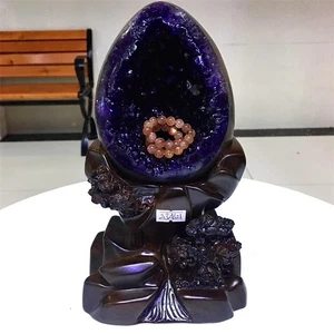 5.06LB Top Natural Amethyst Geode Quartz Crystal Dinosaur Egg Healing+Stand - Picture 1 of 6
