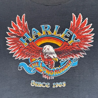 Vintage 70's Harley THE LONGRUNNER Eagle Catalina Cycles Dallas Texas t-shirt M - Image 1 of 4