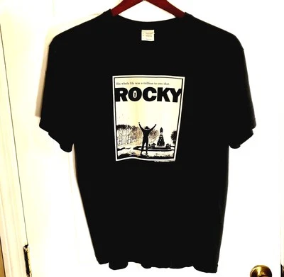 VINTAGE Adult L Large Black ROCKY Balboa Short Sleeve T-Shirt Top of Steps CLEAN - Image 1 of 4