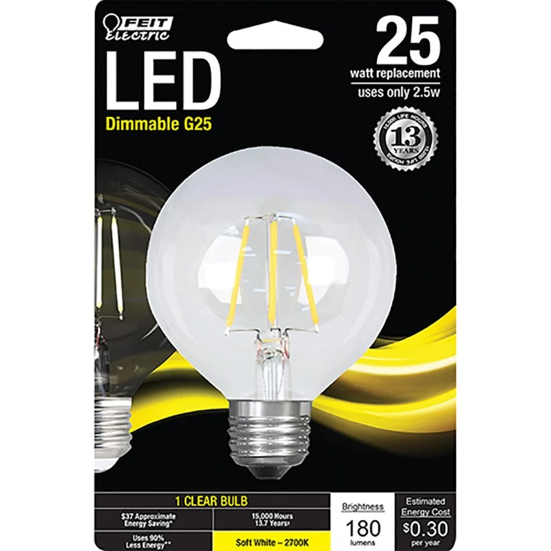 Feit Electric BPG2525/927CAFR Blanco Suave 120V 2700K 180 lm. Bombilla LED G25 E26 25W Foto 1 de 1