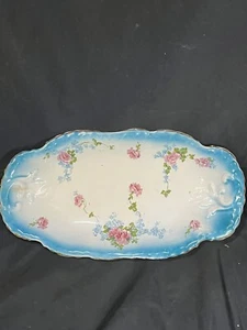 Antique celery dish aqua rim pink rose 11.5 x 6” DRESDEN CHINA - Picture 1 of 9