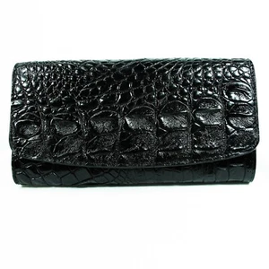 New EXSOOTTI Real Black Croc Leather Back Bone Skin Women Trifold Clutch Wallet - Picture 1 of 12