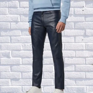 Classic Men's Genuine Navy Blue Lambskin Real Leather Pant Stylish Trousers - Picture 1 of 4