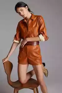 Anthropologie Faux Leather Set Buttondown Shirt Shorts Shacket Caramel NEW 2PC - Picture 1 of 4