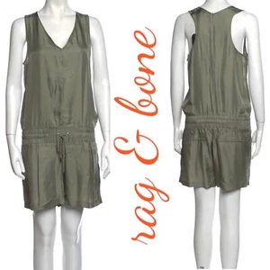 NWT RAG & BONE Vetiver Elsa Moss Green 100% Silk V-Neck Romper, Size 4 - Picture 1 of 8