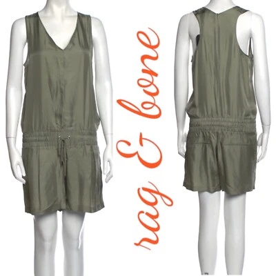 NWT RAG & BONE Vetiver Elsa Moss Green 100% Silk V-Neck Romper, Size 4 - Image 1 of 4