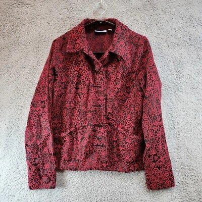 Croft & Barrow Blazer Jacket Women Medium Red Black Jacquard Cotton Button Front - Image 1 of 4