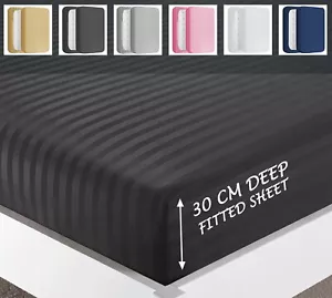 HOTEL QUALITY Satin Stripe Deep Fitted Sheet Bed Sheets Double & King Size NEW - Picture 1 of 94