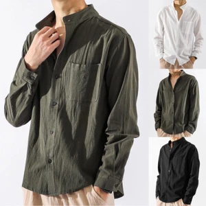 Men's Tops Casual Loose Long Sleeve Cotton Breathable Spring Pure Color E - Picture 1 of 15