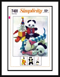 Juguete artesanal de peluche Simplicity 7401 patrón Dashound perro payaso panda - Imagen 1 de 3