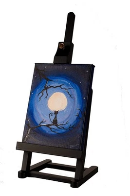 Pintura acrílica original con comadreja "El gato y la luna I" por Dawn M. Wayand arte de escritorio Foto 1 de 3