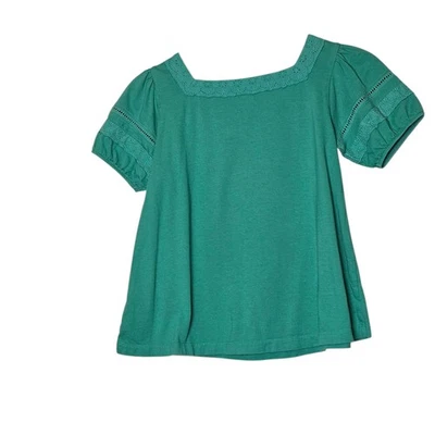 Boden Green Girls Short Sleeve Top Square Neck Lace Trim Size 11-12Y Cottagecore - Image 1 of 4