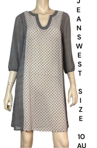 🌻JEANSWEST SIZE 10 BLACK MULTI CREPE CHIFFON SEMI SHEER SHIFT DRESS - Picture 1 of 13