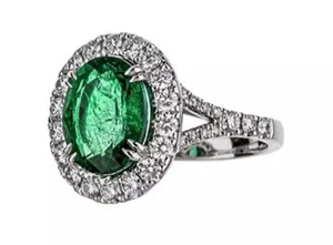 Featuring a Stunning Green Emerald & Lab-Created White Diamonds Halo Women Ring - Picture 1 of 8