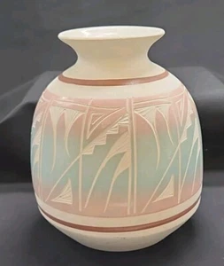 VINTAGE SOUTHWESTERN KERAMIK OLLA GESCHNITZT TON PASTELLFARBEN DEKO VASE KÜNSTLER R GONZA - Bild 1 von 11