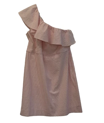 J. Vestido a rayas Seersucker rosa y blanco con volantes de un hombro talla 14 Crew Foto 1 de 4
