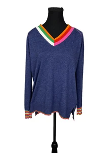 Zaket Plover Women'S Silk Cotton Blend Knit V-Neck Rainbow trim Sweater size S - Picture 1 of 20