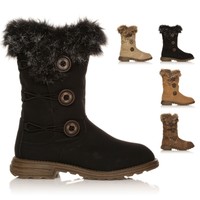 WOMENS WINTER BIKER FAUX FUR BUTTON FLAT SNOW ANKLE GIRLS CALF BOOTS SIZE UK 3-8