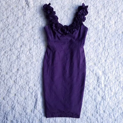 Maggy London Womens Purple Brocade Sheath Dress Size 6 Ruffle Neck - Image 1 of 4