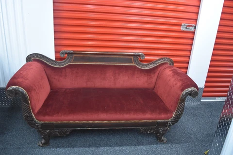 Antique American Empire Mahogany Frame Carved Paw Feet Scroll Arm Sofa #vintage Cover