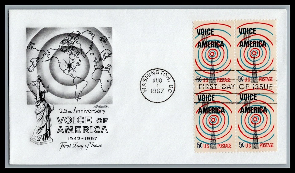 US FDC # 1329 6c Voice of America Artmaster block  1967, 9M116 - Image 1 of 1