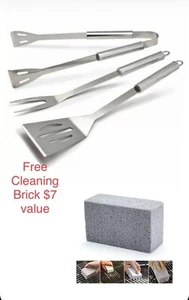 Stainless Steel 3Piece Barbecue BBQ Tool Set Top Quality Free 1pc cleaning block - Picture 1 of 4