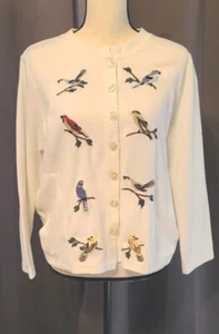 Vintage Bon Worth Coastal Grandma Cardigan with embroidered birds XSP Off White - Picture 1 of 9