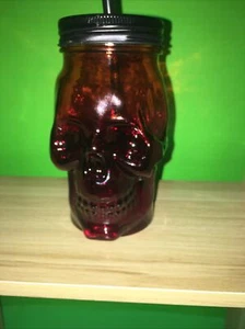 GLASS SKULL mason drinking jar 16oz. w Top Lid and Straw - Picture 1 of 12