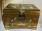 Vintage Chinese Gold Lacquer Jewelry Box, Red Silk Lining H 10” L 14” W 9” 