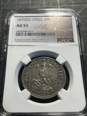 Chile 1870 So 50 Centavos Silver Original Patina NGC AU53 ⭐ Ex Val y Mexia 🌋 - Image 1 of 3