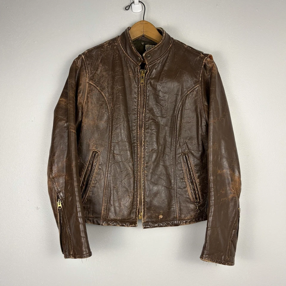 Chaqueta De Colección Años 60-70 Café Racer Cuero Talla 10 Marrón Envejecido Motociclista Leer Foto 1 de 4