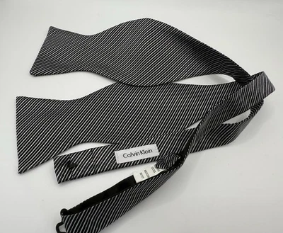 Calvin Klein Adjustable Silk Bow Tie Silver Stripes Print Designer  - Image 1 of 3